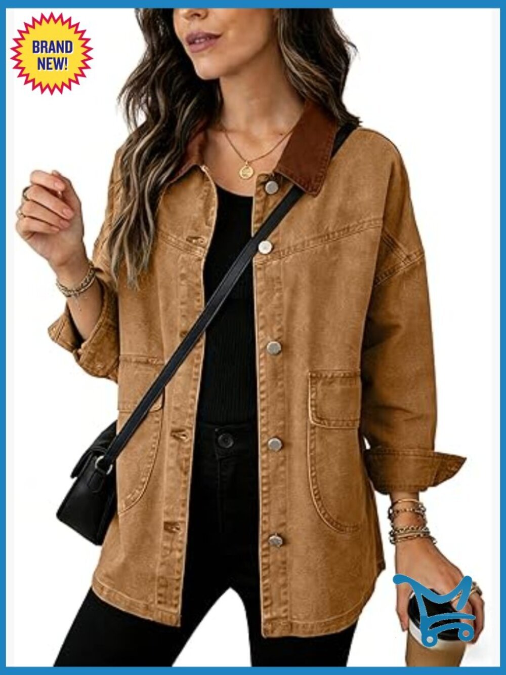 Oversized Contrast Collar Denim Barn Jacket Button Down Big Pockets